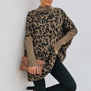 Leopard Print Batwing Sleeve Sweater